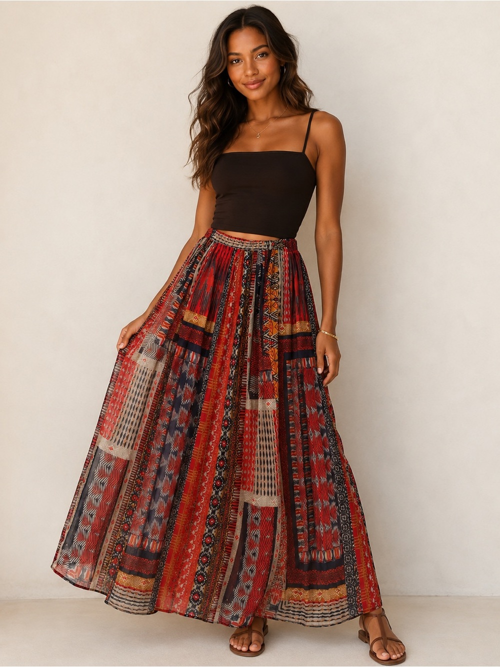 Boho Patchwork Maxi Skirt in Red